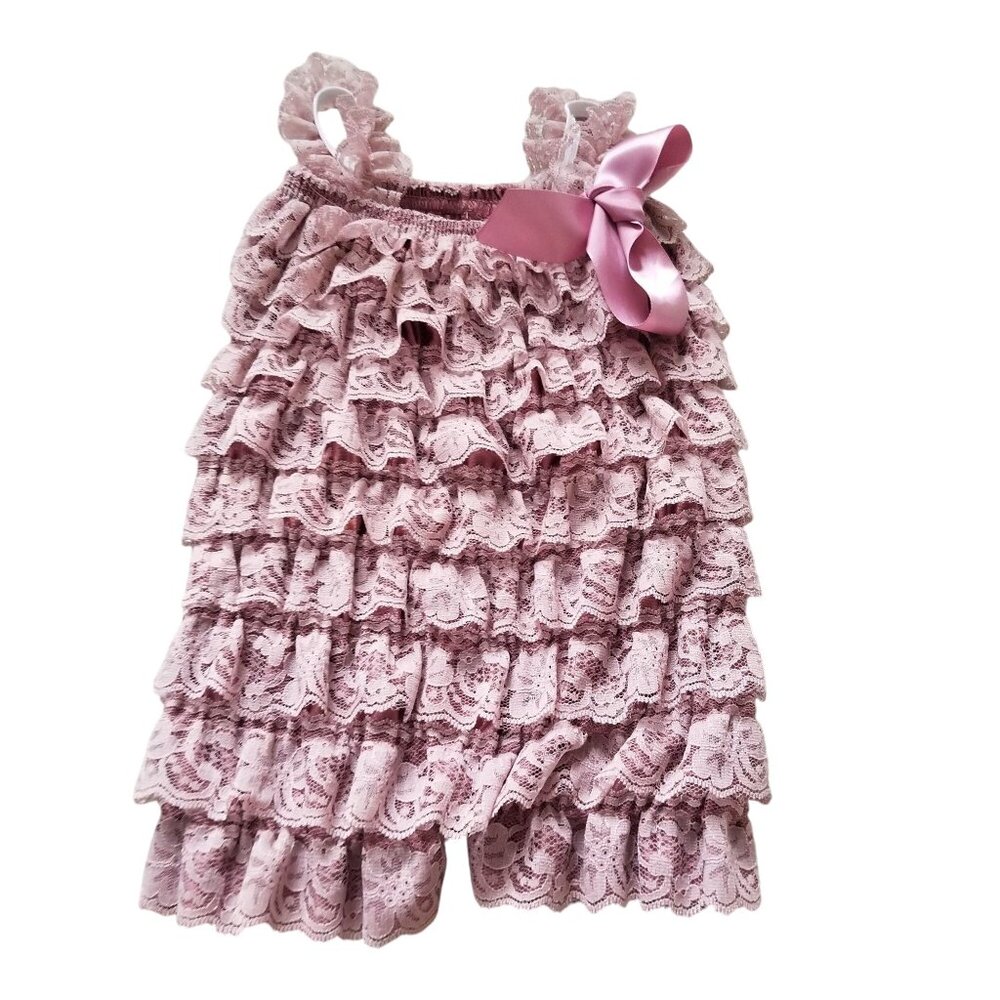 Kaiya Angel Pink Lace Ruffled Romper With Bow Accent For Baby/Toddler 6-12M